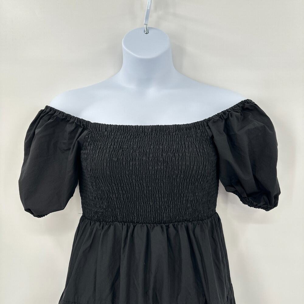 Cottagecore Black Puff Sleeve Midi Dress Medium Smocked Bodice Tiered Romantic - Picture 3 of 9